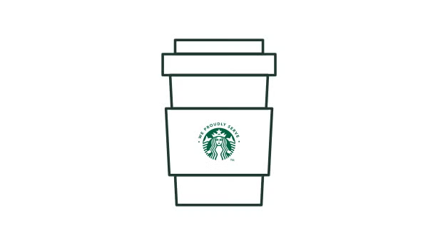  Ilustrație liniară a unei căni de cafea la pachet cu sigla We Proudly Serve Starbucks 