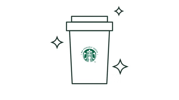  Ilustrație liniară a unei căni de cafea la pachet cu sigla We Proudly Serve Starbucks cu sclipici în jur