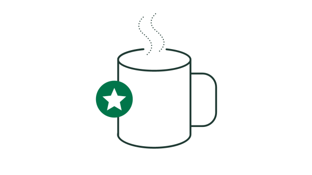  Ilustrație liniară a unei cești de cafea fierbinte cu insignă verde de premiu 