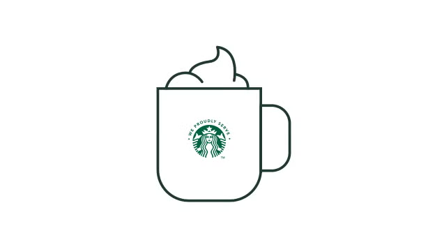 Ilustrație liniară a unei căni de cafea We Proudly Serve Starbucks cu frișcă