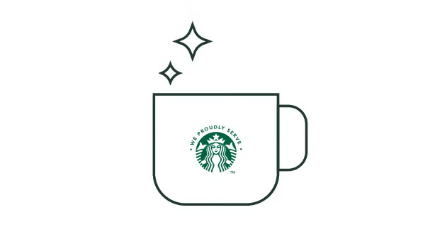 Ilustrație liniară a unei căni de cafea cu sigla We Proudly Serve Starbucks cu sclipici