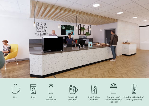 Un bărbat la tejgheaua We Proudly Serve Starbucks, care oferă băuturi calde și reci, specialități de sezon și multe altele.