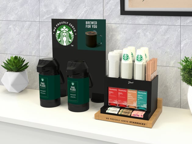 Soluția de preparare a cafelei în varianta short, cu o stație de cafea cu autoservire cu două dozatoare mari de cafea și o se