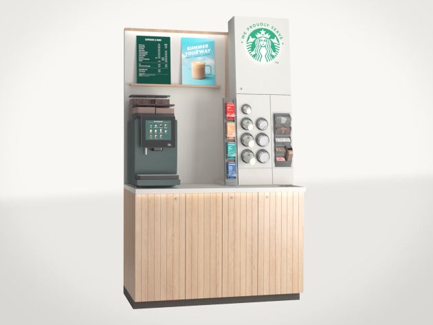 Soluția cu autoservire We Proudly Serve Starbucks în varianta tall: aparat de cafea cu autoservire și blat