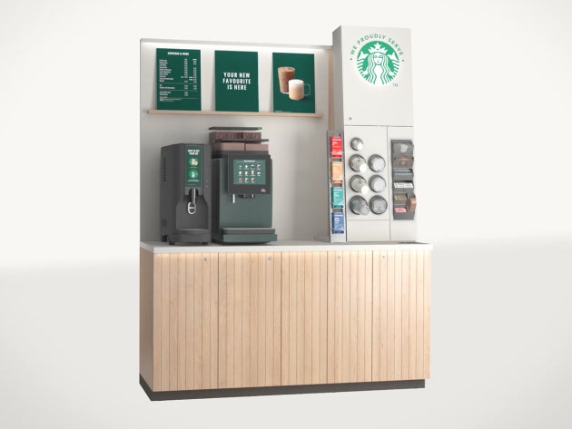 Soluția cu autoservire We Proudly Serve Starbucks în varianta Grande: aparat de cafea cu autoservire, aparat de gheață cu aut