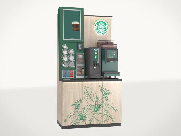 Soluția cu autoservire We Proudly Serve Starbucks în varianta venti: aparat de cafea cu autoservire, aparat de gheață cu auto