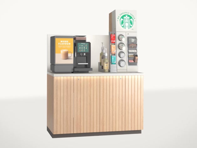 Soluția cu autoservire We Proudly Serve Starbucks în varianta short: aparat de cafea cu autoservire și blat